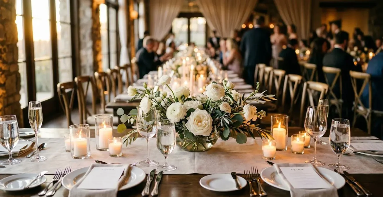 Centre de table bas avec compositions florales et bougies permettant le contact visuel