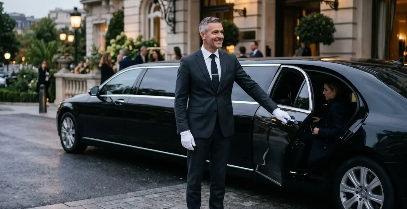 Chauffeur professionnel en costume sombre et gants blancs tenant la portière d'une limousine