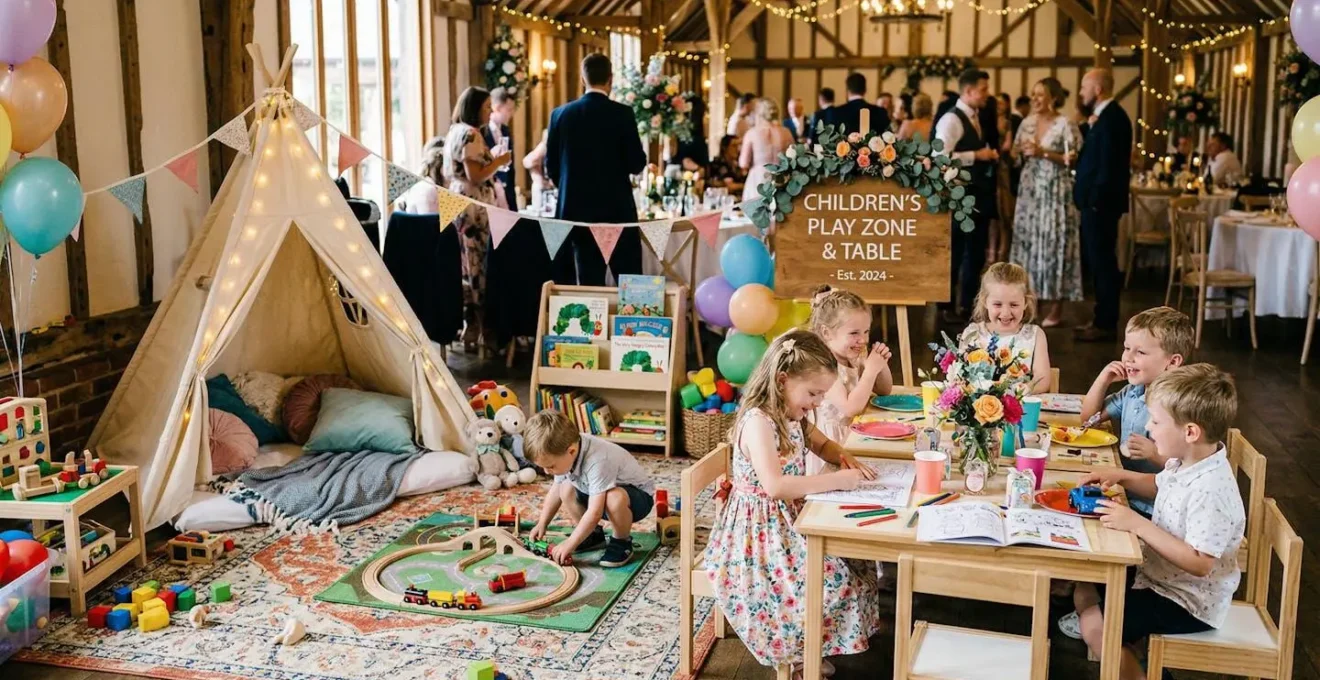 Espace enfants aménagé lors d'un mariage avec zone de jeux et table dédiée