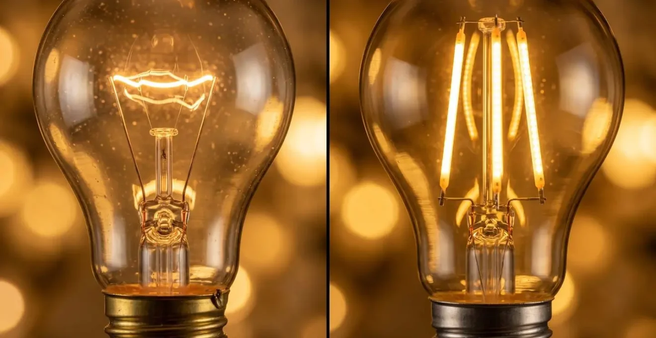 Comparaison visuelle entre ampoules filament et LED blanc chaud sur guirlande guinguette