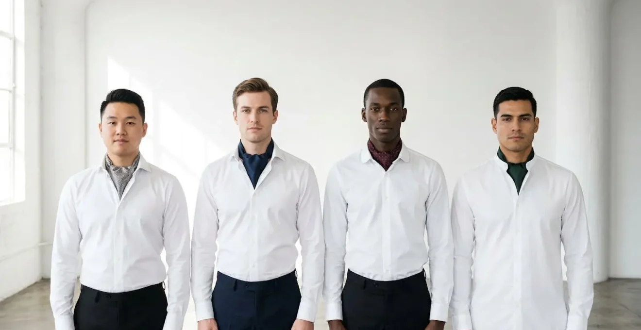 Quatre hommes de morphologies différentes portant des lavallières avec différents types de cols