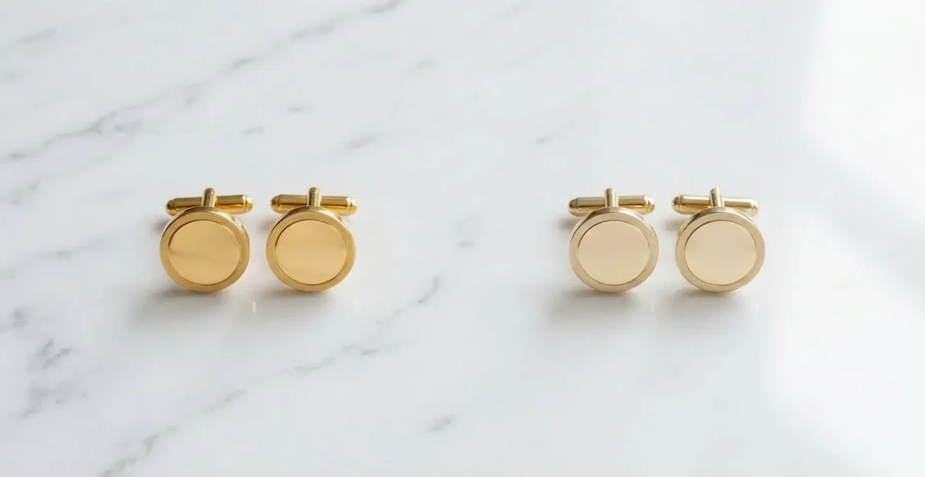 Vue comparative de boutons de manchette en or 18 et 9 carats sous différents angles de lumière