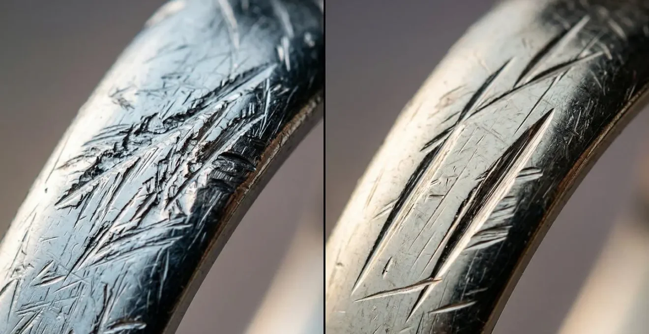 Vue macro détaillée montrant la différence de texture entre une rayure sur or blanc et sur platine
