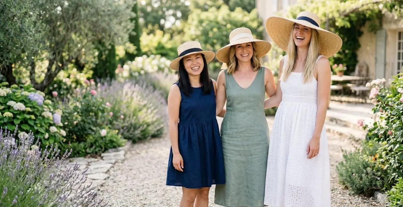 Trois femmes de tailles différentes portant des capelines adaptées à leur morphologie