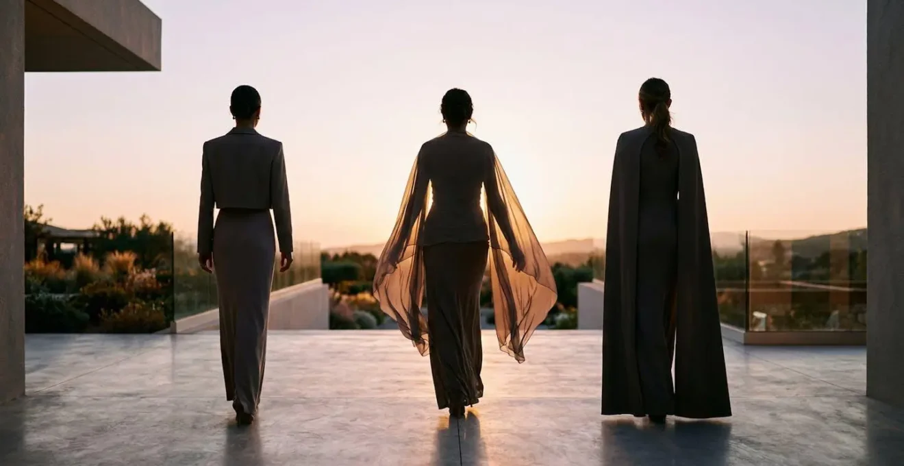 Trois femmes portant respectivement une veste courte, un châle et une cape lors d'un mariage