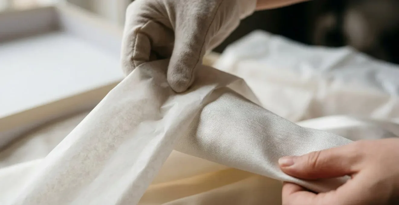 Conservation professionnelle d'une robe de mariée dans du papier de soie sans acide