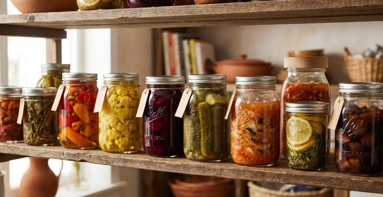 Bocaux de conserves artisanales et fermentations avec légumes d'hiver