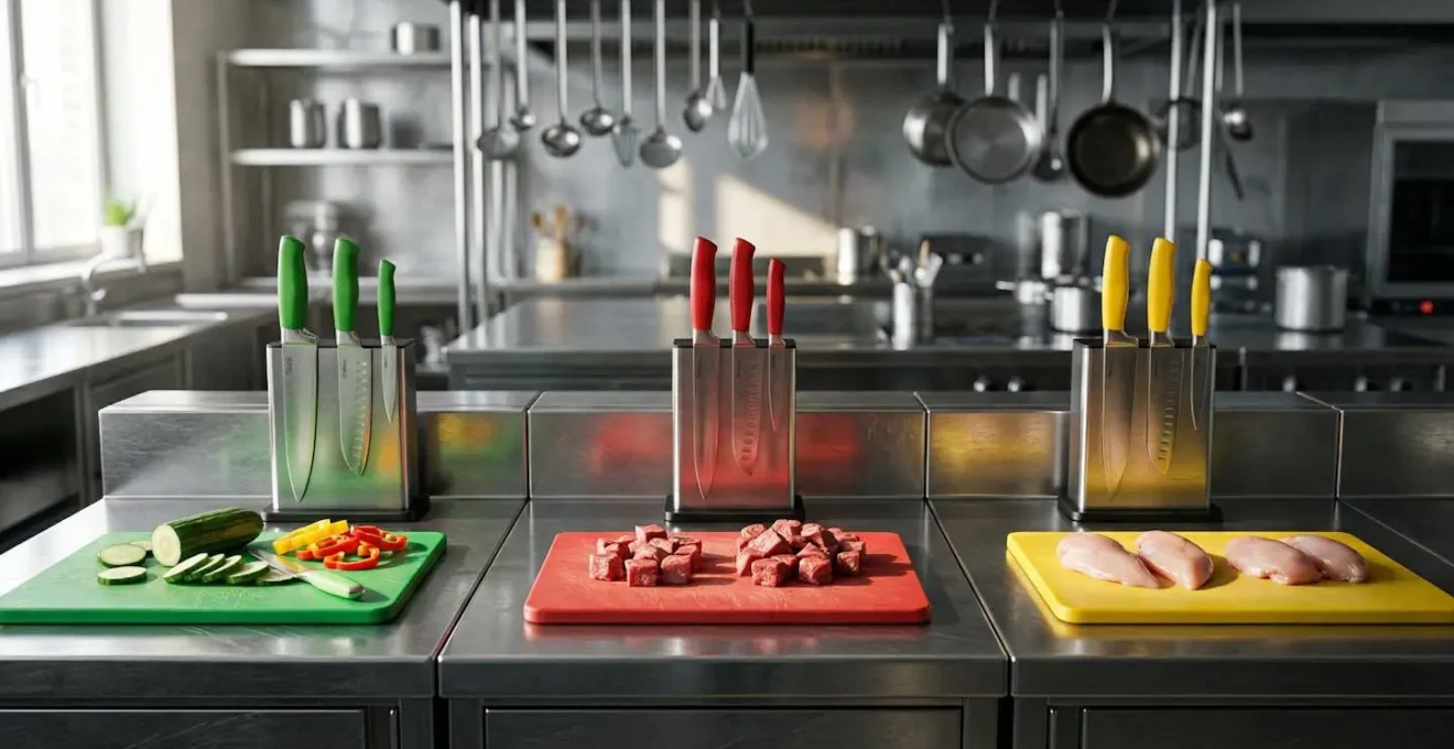 Cuisine professionnelle avec zones de préparation séparées et ustensiles colorés pour la gestion des allergènes