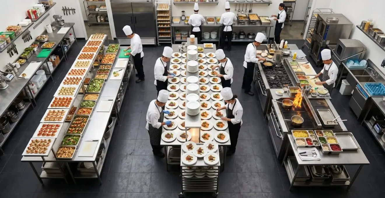Vue en plongée d'une cuisine de traiteur professionnel organisée pour un service de mariage