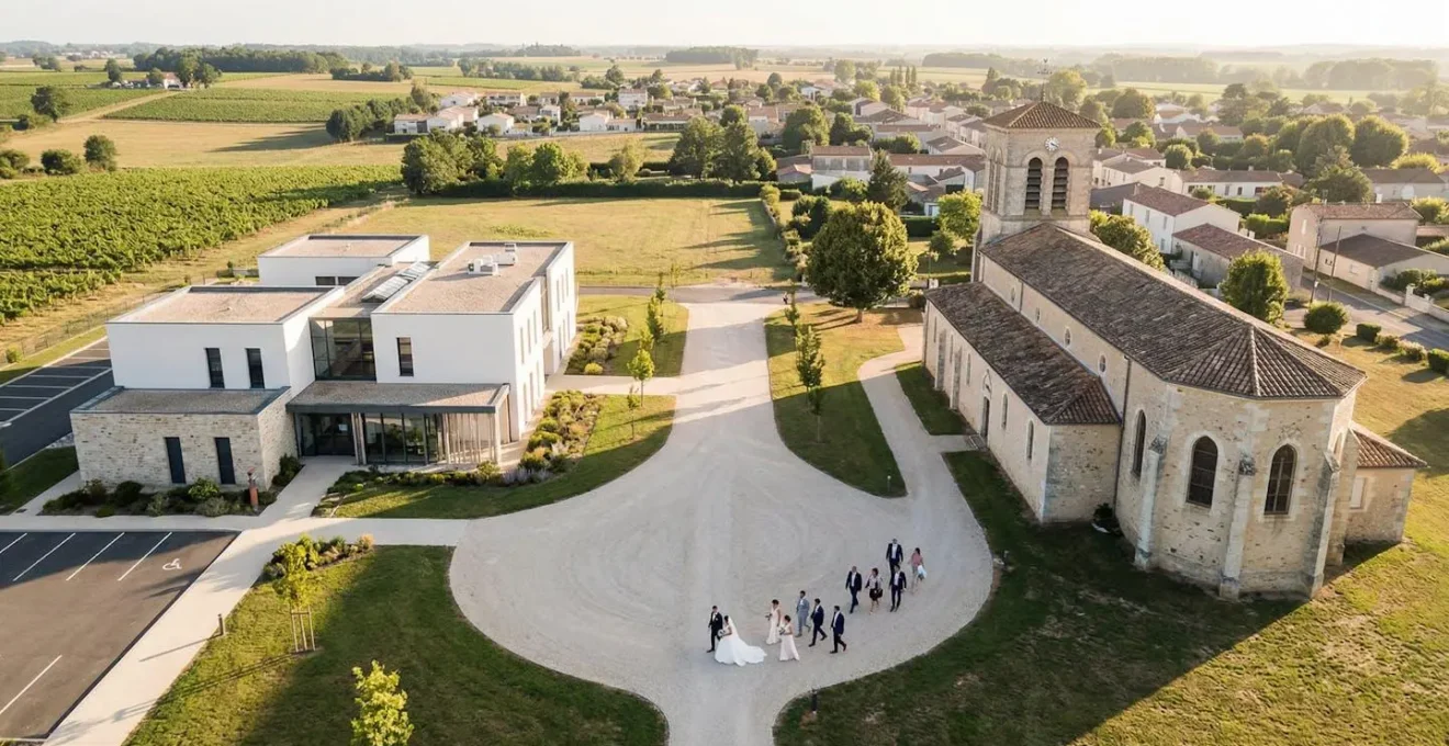 Vue aérienne minimaliste montrant deux lieux de célébration distincts reliés par un chemin symbolique