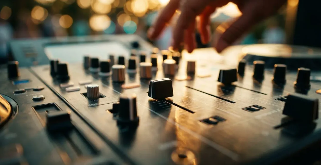 Installation DJ avec console de mixage lors d'une cérémonie en plein air