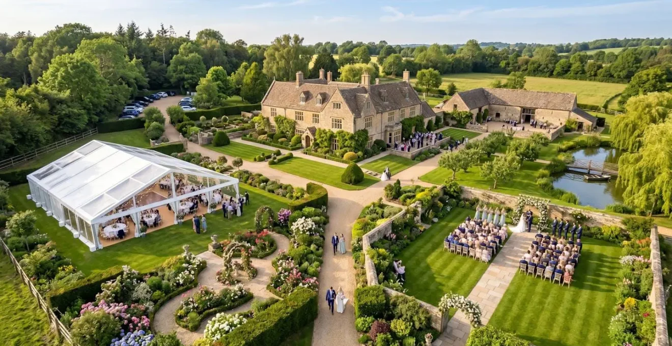 Vue aérienne d'un domaine de mariage entièrement privatisé avec jardins et espaces multiples