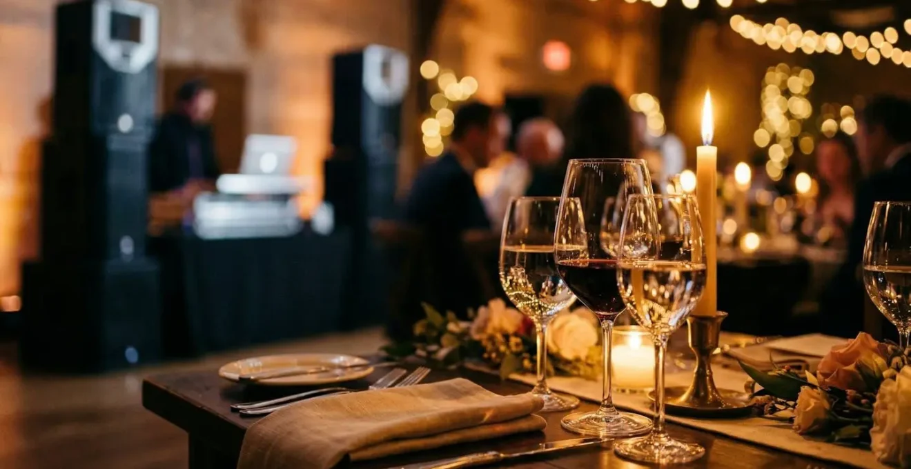 Table de mariage élégamment éclairée avec système de sonorisation discret