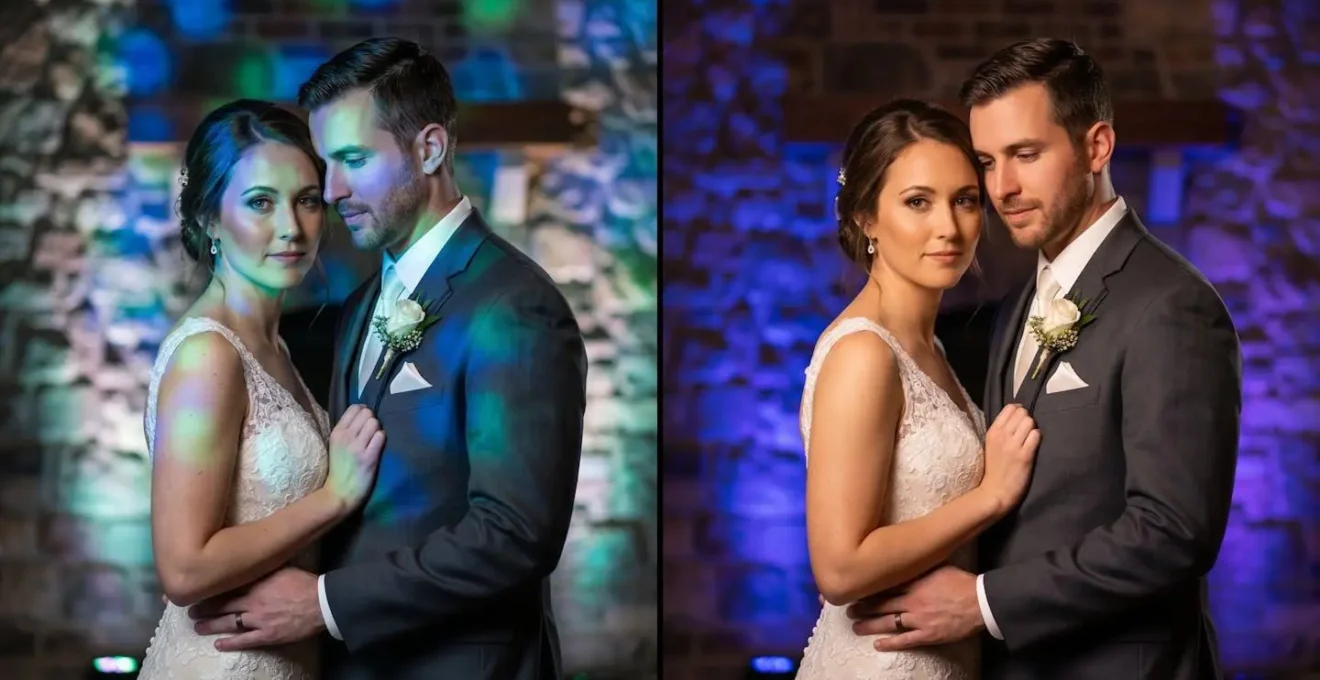 Comparaison visuelle entre bon et mauvais usage de l'éclairage coloré pour la photographie