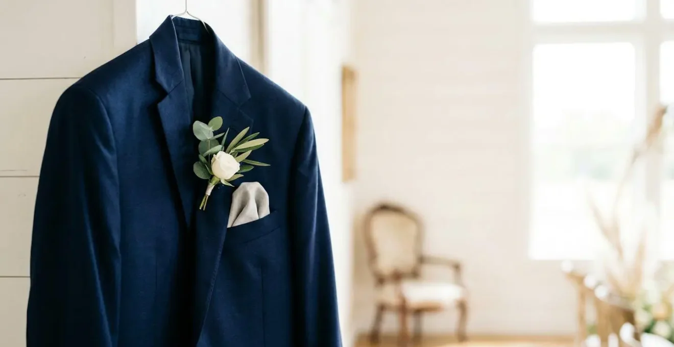 Vue latérale d'un costume avec boutonnière délicate et pochette élégante
