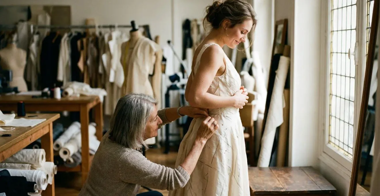 Essayage d'une robe de mariée sur-mesure dans un atelier de haute couture français