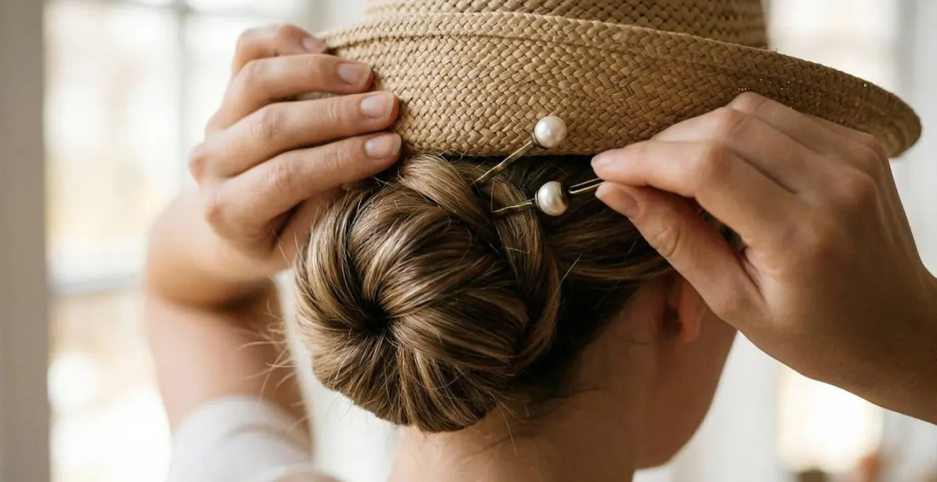 Gros plan sur la fixation invisible d'une capeline avec des épingles dissimulées dans un chignon