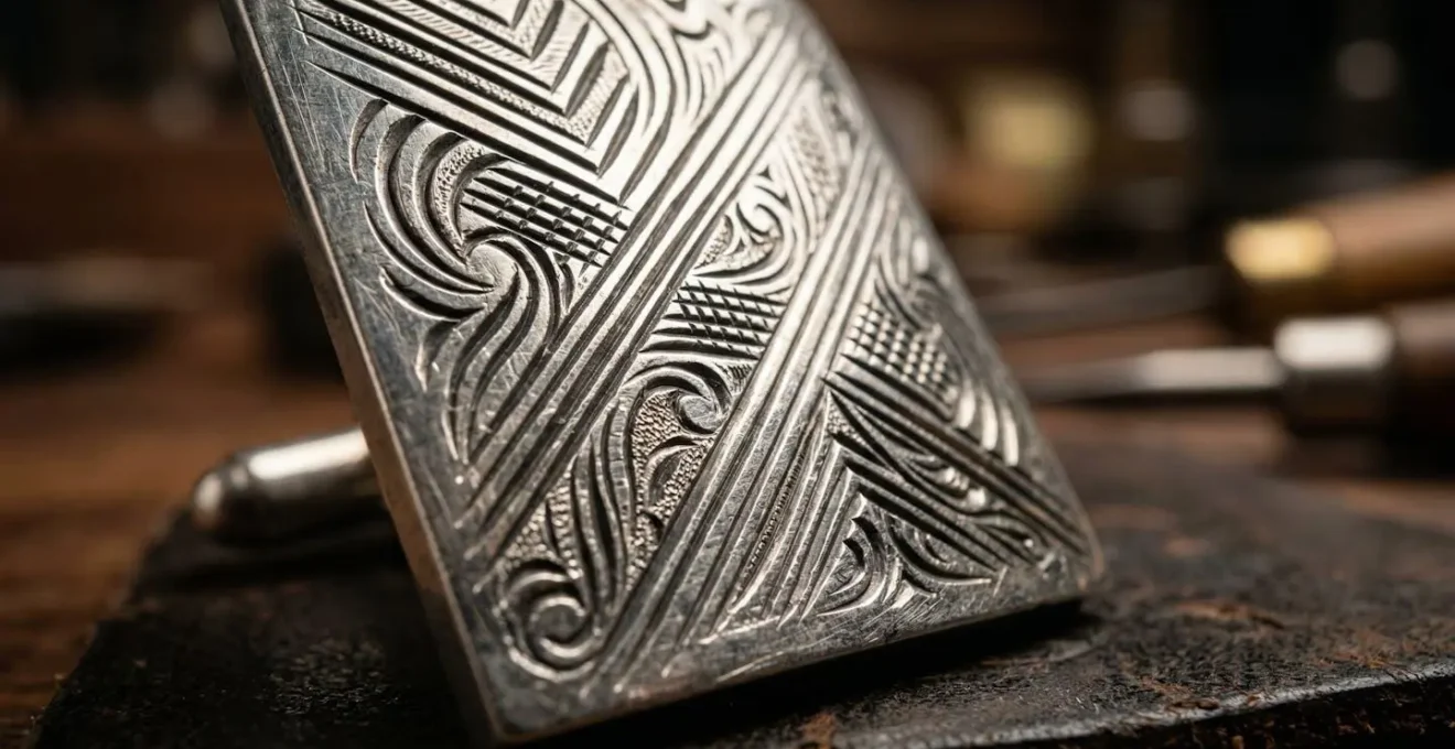Détail macro d'une gravure d'initiales sur boutons de manchette en argent