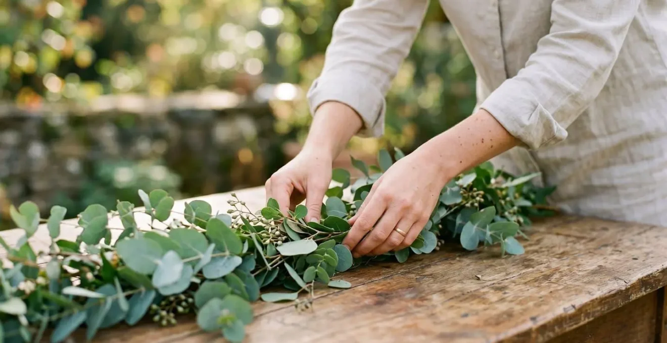 Guirlande d'eucalyptus comme chemin de table végétal pour mariage champêtre