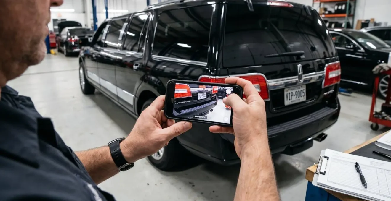 Mains tenant un smartphone filmant les détails d'une limousine lors de l'état des lieux
