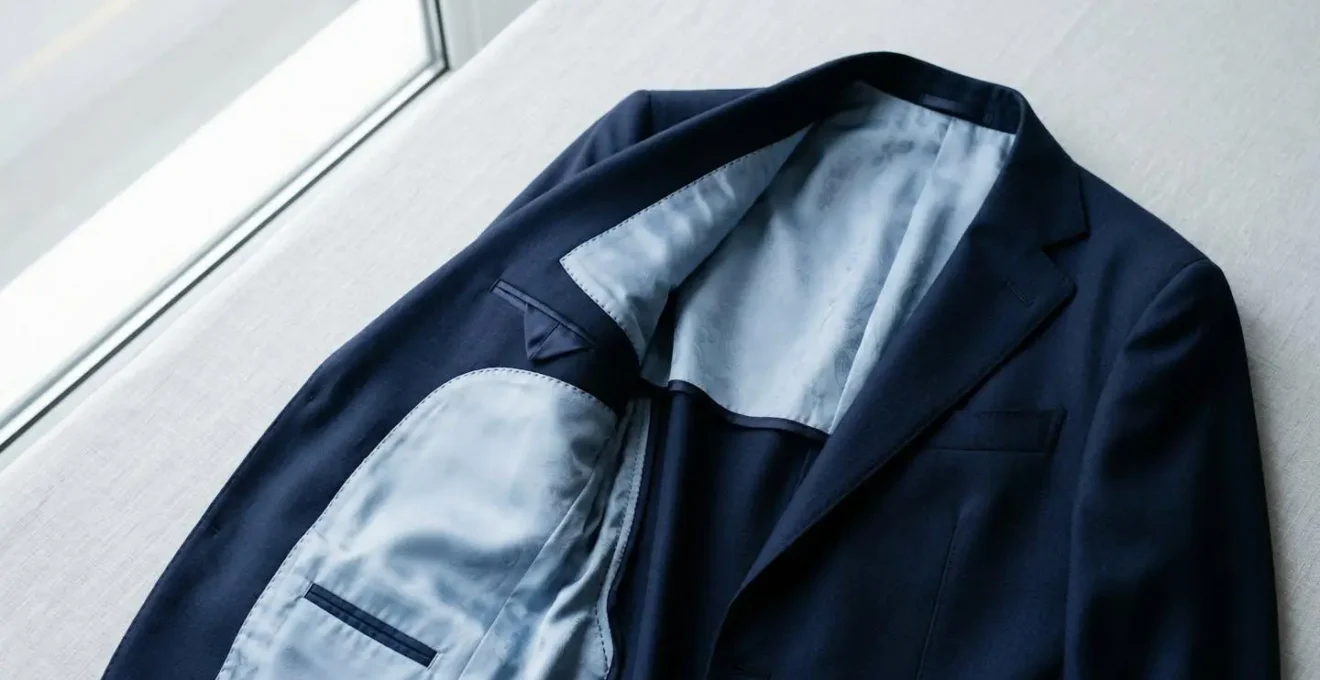 Intérieur d'une veste de costume montrant la doublure en cupro respirante