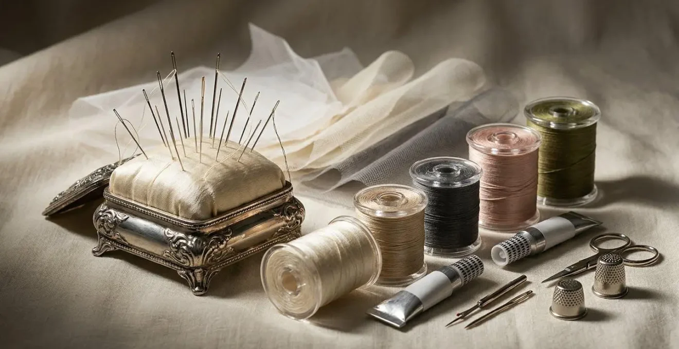 Kit de réparation d'urgence avec fil invisible, aiguilles et colle textile disposés élégamment