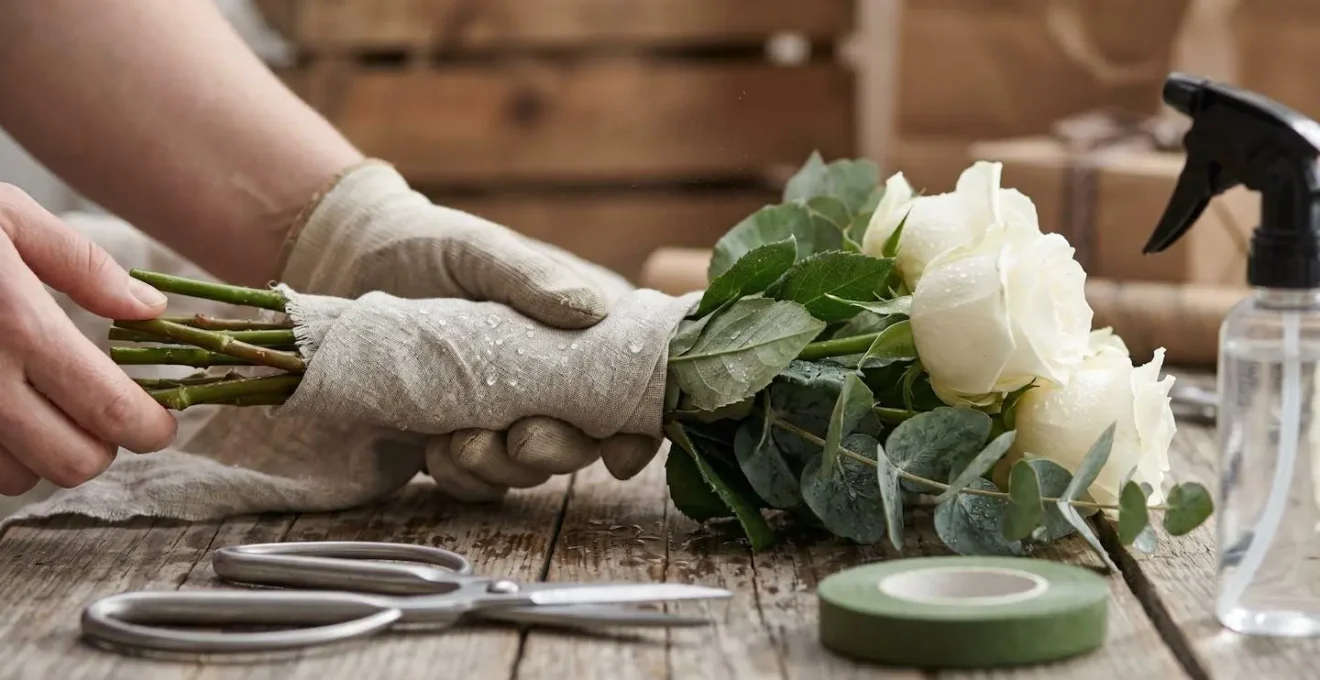 Mains délicates manipulant un bouquet de fleurs avec outils floraux professionnels disposés sur table en bois