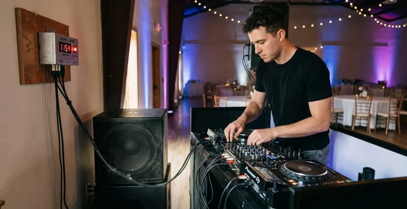 DJ testant les basses fréquences près d'un limiteur de décibels dans une salle de réception