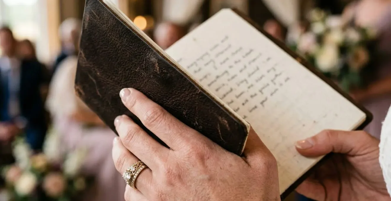Mains tenant un carnet de vœux avec alliance de mariage en gros plan