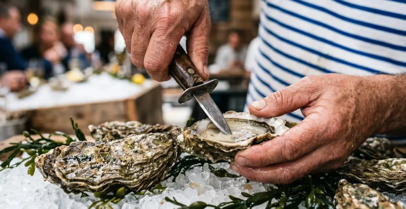 Maître écailler en vareuse traditionnelle ouvrant des huîtres devant une barque décorée d'algues et de glace