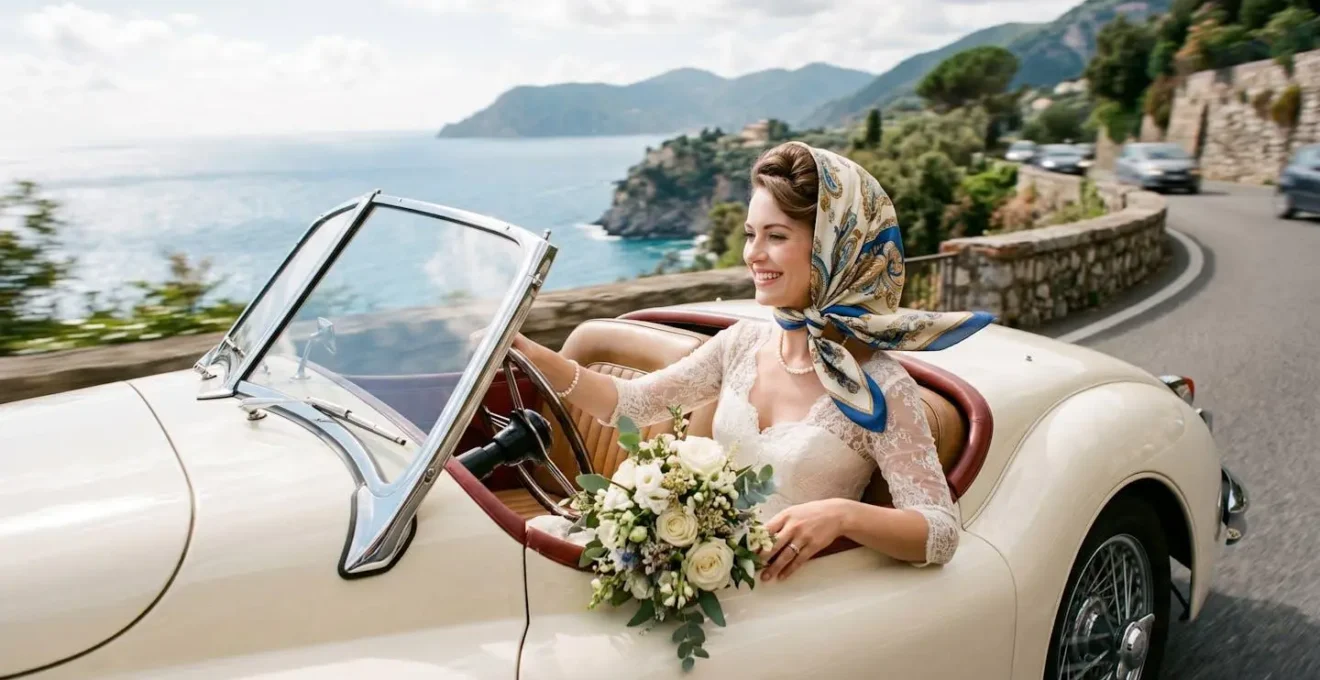 Mariée en cabriolet vintage avec foulard élégant protégeant sa coiffure