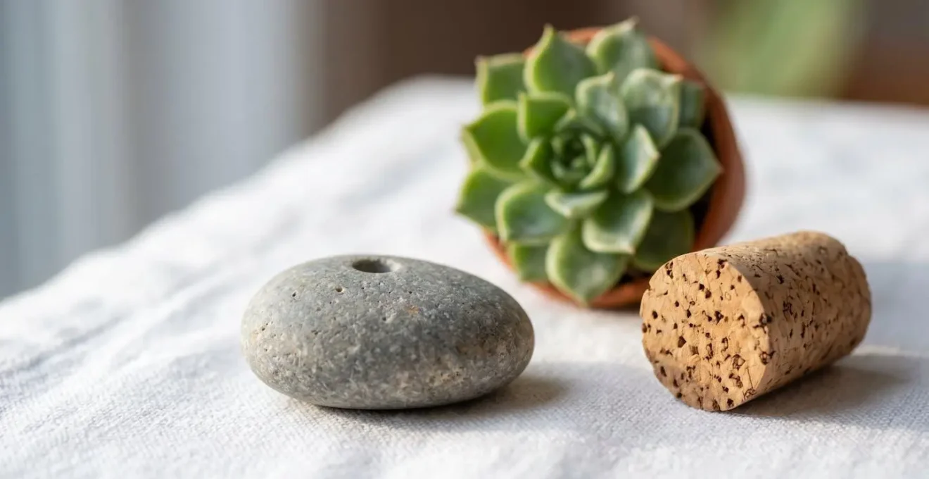 Gros plan sur différents marque-places cadeaux : mini succulentes, bouchons gravés et galets calligraphiés