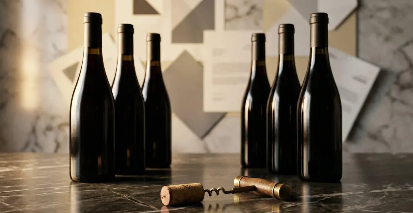 Bouteilles de vin alignées sur une table avec un contrat flou en arrière-plan, symbolisant la négociation du droit de bouchon.