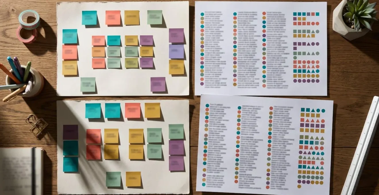 Vue d'ensemble d'un bureau avec fichiers d'organisation des invités et système de codage couleur