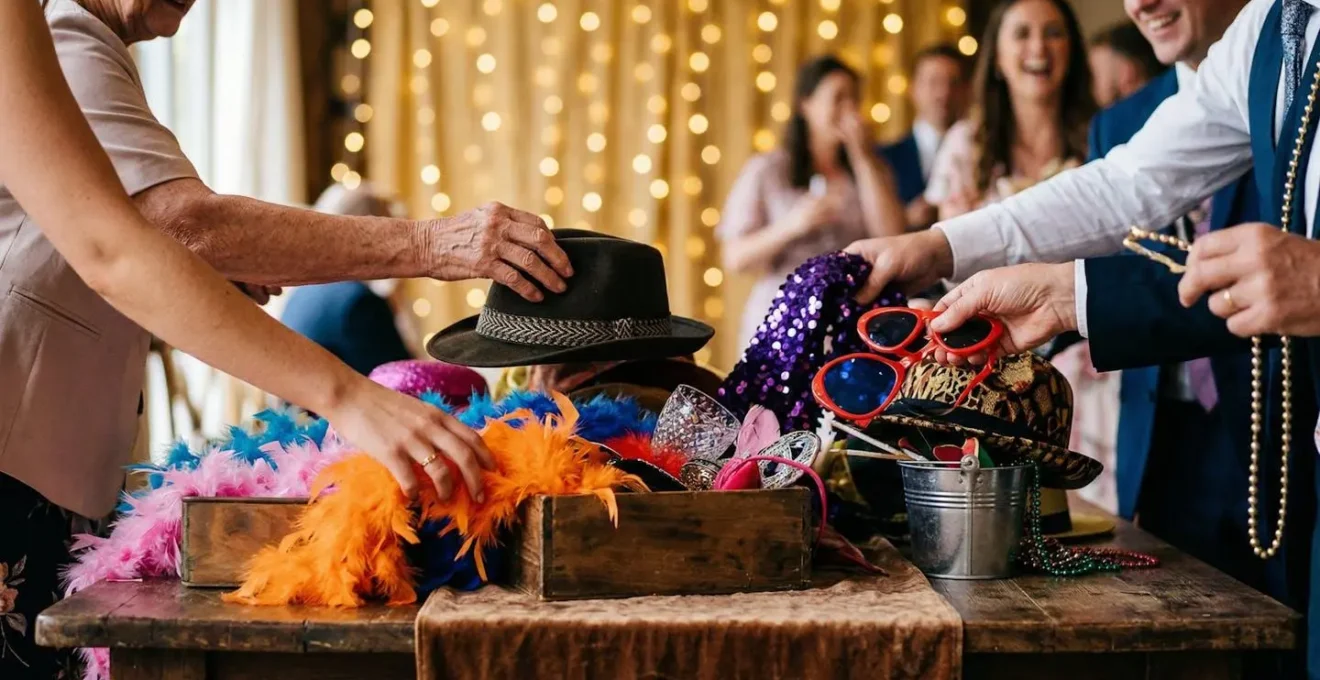 Coin photobooth de mariage avec accessoires colorés et cadre doré