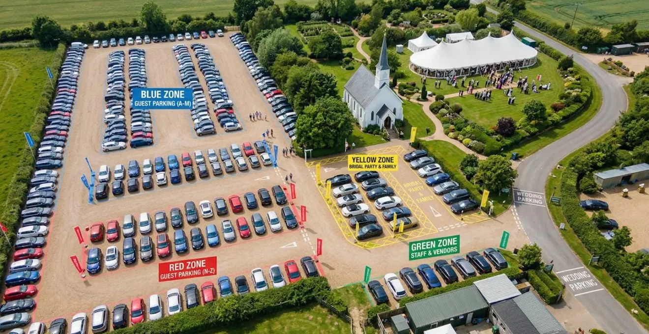 Vue aérienne d'un parking de mariage organisé en zones colorées avec véhicules garés méthodiquement