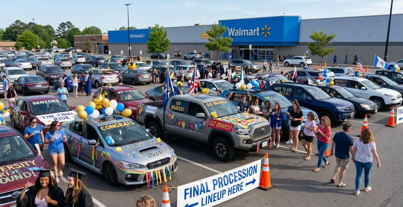 Parking de supermarché avec voitures décorées se regroupant avant le cortège final