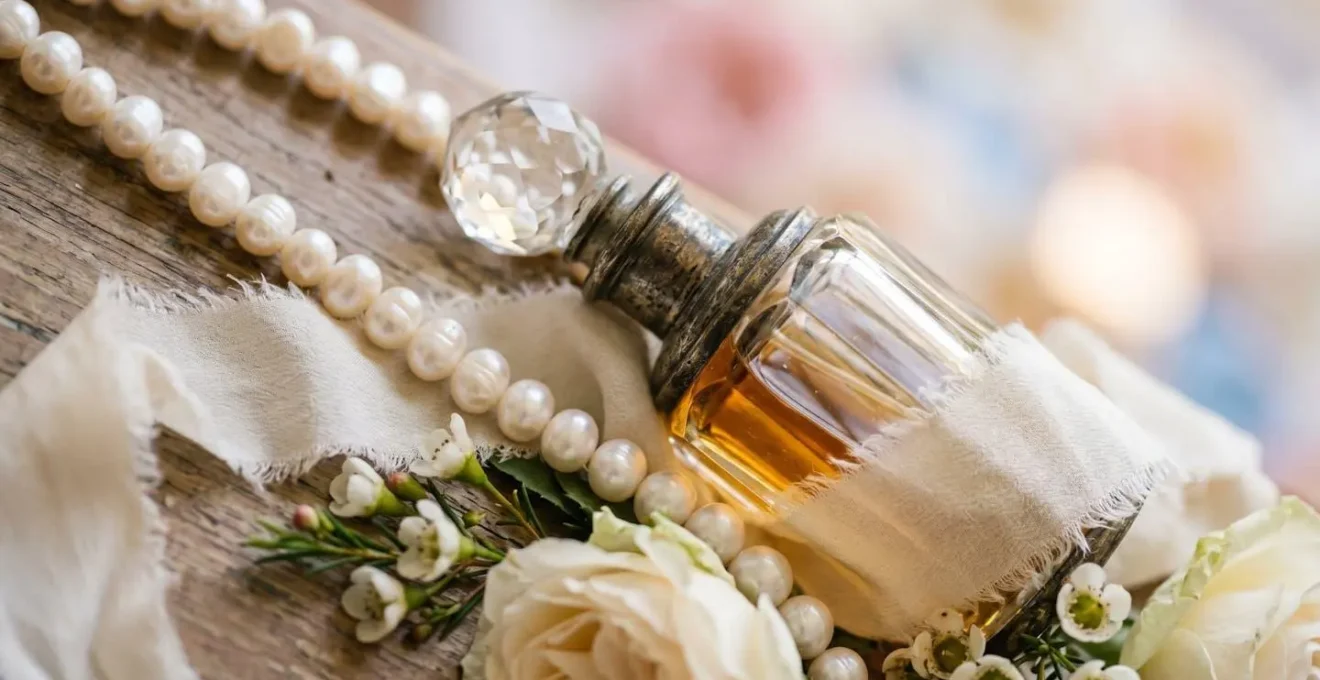 Détails en macro d'accessoires de mariage posés sur une coiffeuse avec lumière naturelle douce