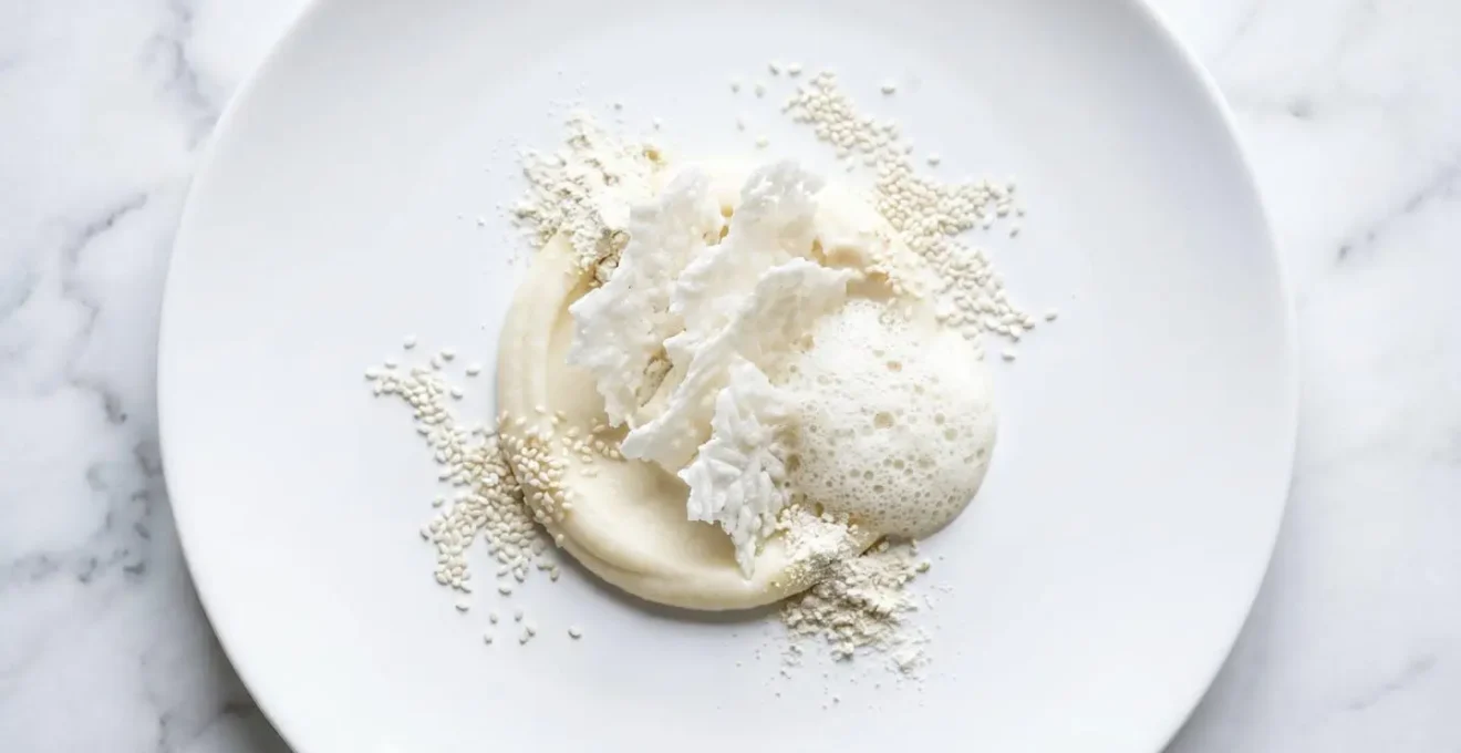 Assiette monochrome blanche avec jeu de textures et poudres décoratives hivernales