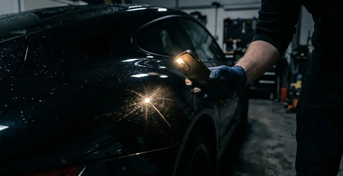 Main tenant un smartphone éclairant la carrosserie d'une voiture en lumière rasante pour révéler les défauts invisibles à l'œil nu.