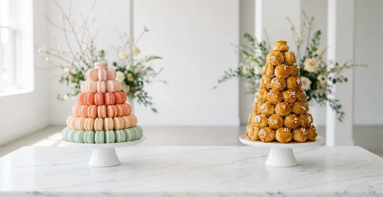 Présentation côte à côte d'une pyramide de macarons colorés et d'un croquembouche traditionnel sur une table de mariage
