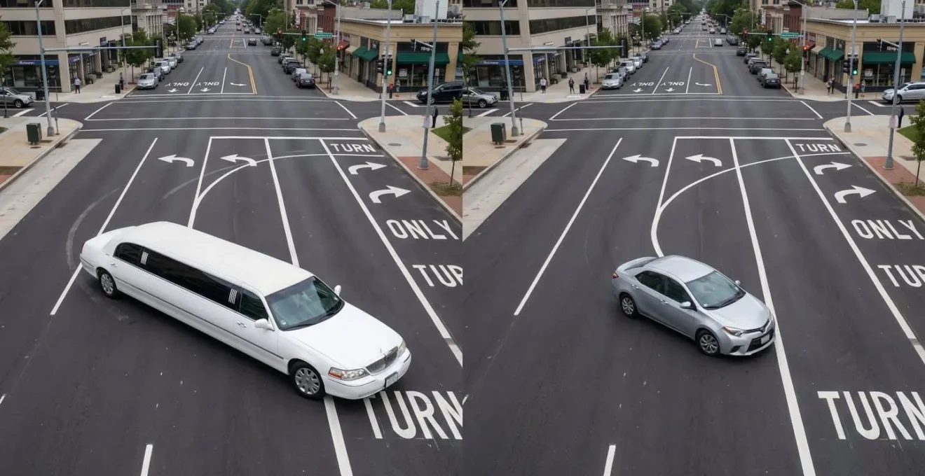 Vue aérienne comparative montrant une limousine effectuant un large virage versus une berline dans le même virage