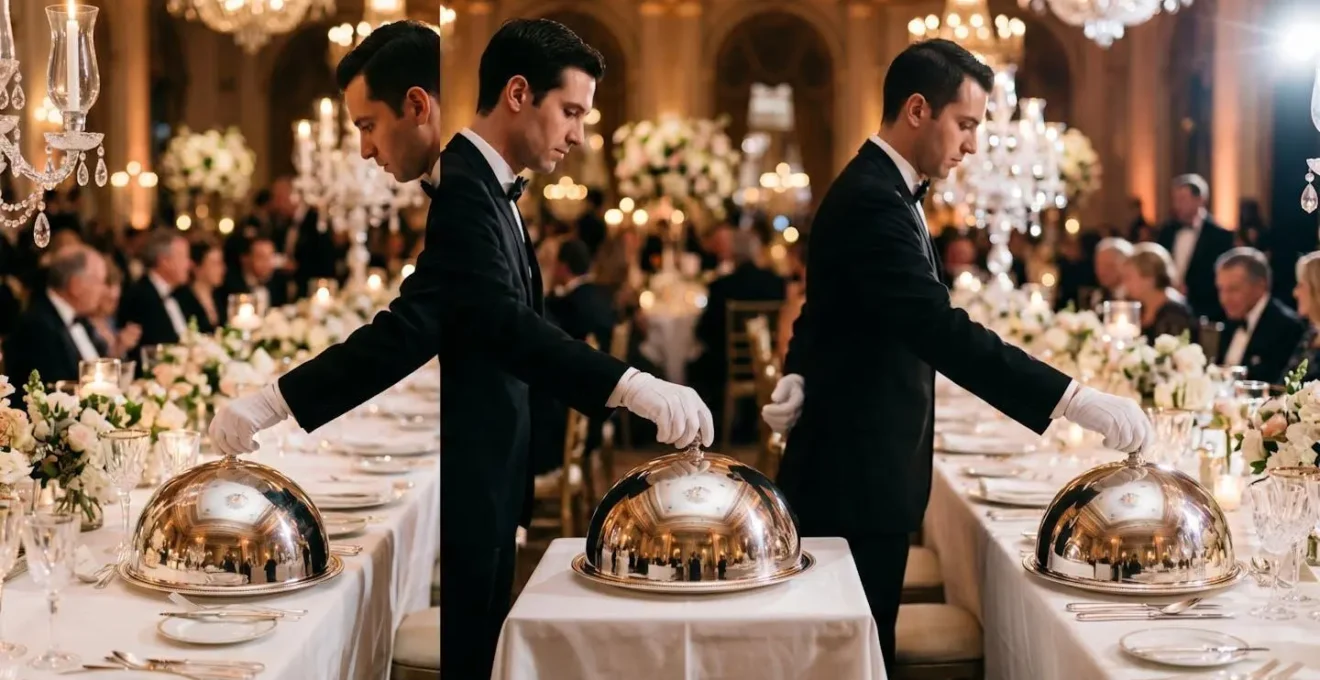 Brigade de serveurs effectuant un déclochage simultané lors d'un service de mariage