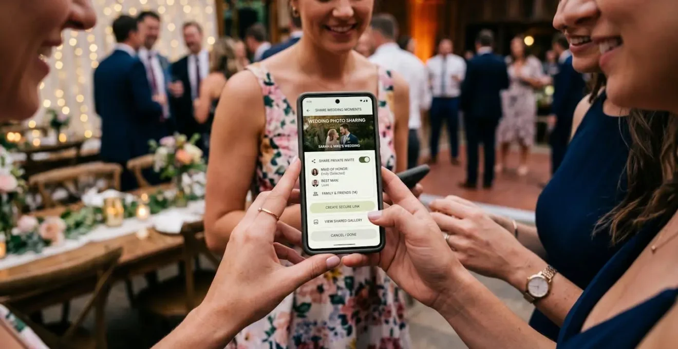 Mains tenant un smartphone montrant une interface de partage privé lors d'un mariage
