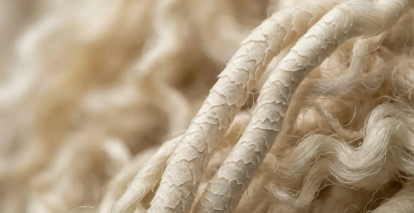 Vue macro de la structure en écailles de la fibre de laine mérinos