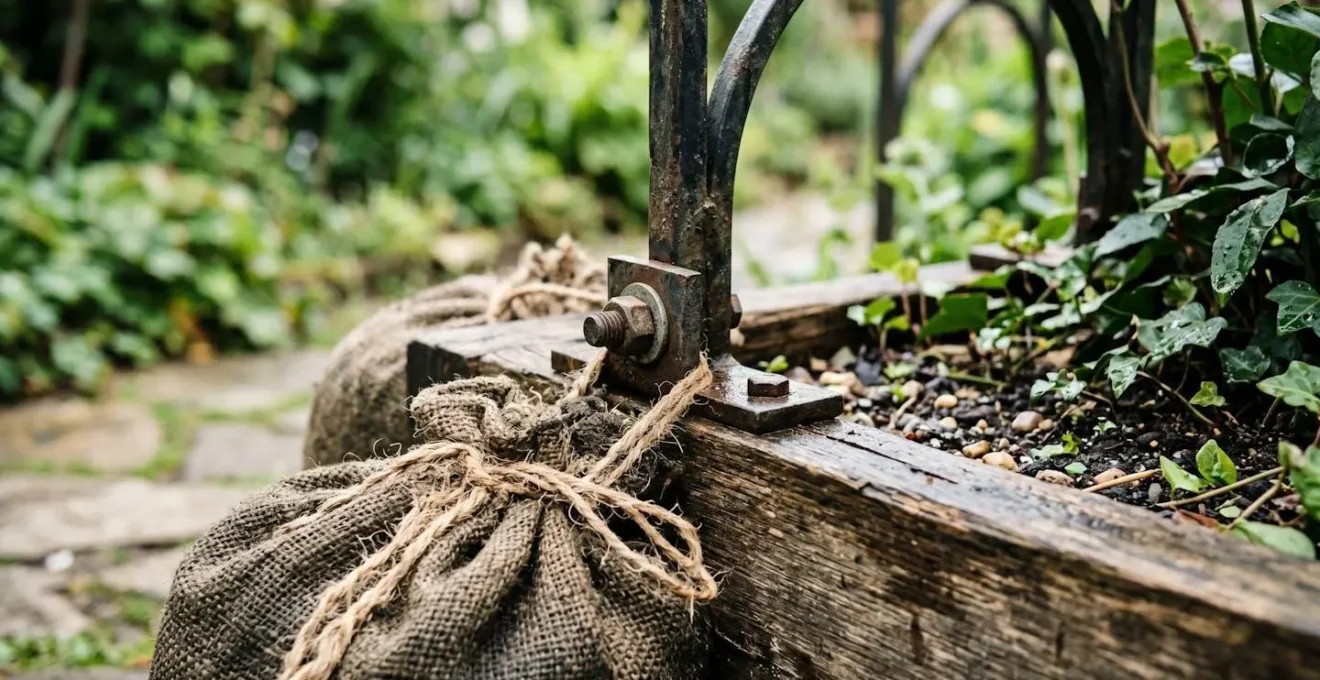 Système de lestage discret pour arche de cérémonie avec sacs de sable et bacs à fleurs