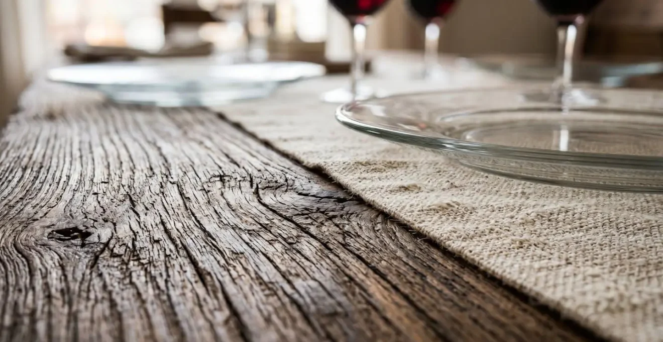 Table en bois massif avec chemins de table en lin et plateaux de verre pour un mariage champêtre