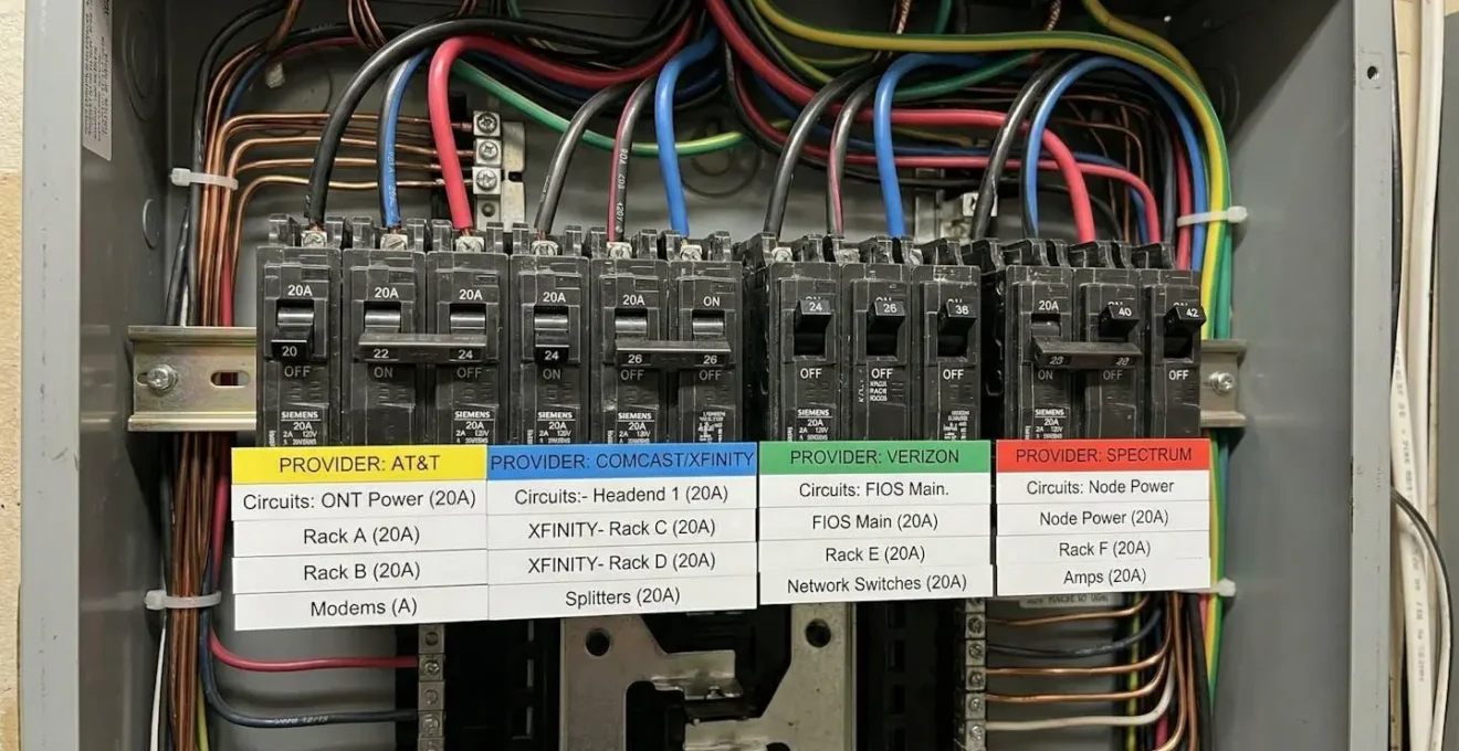 Vue macro d'un tableau électrique avec circuits séparés identifiés pour différents prestataires
