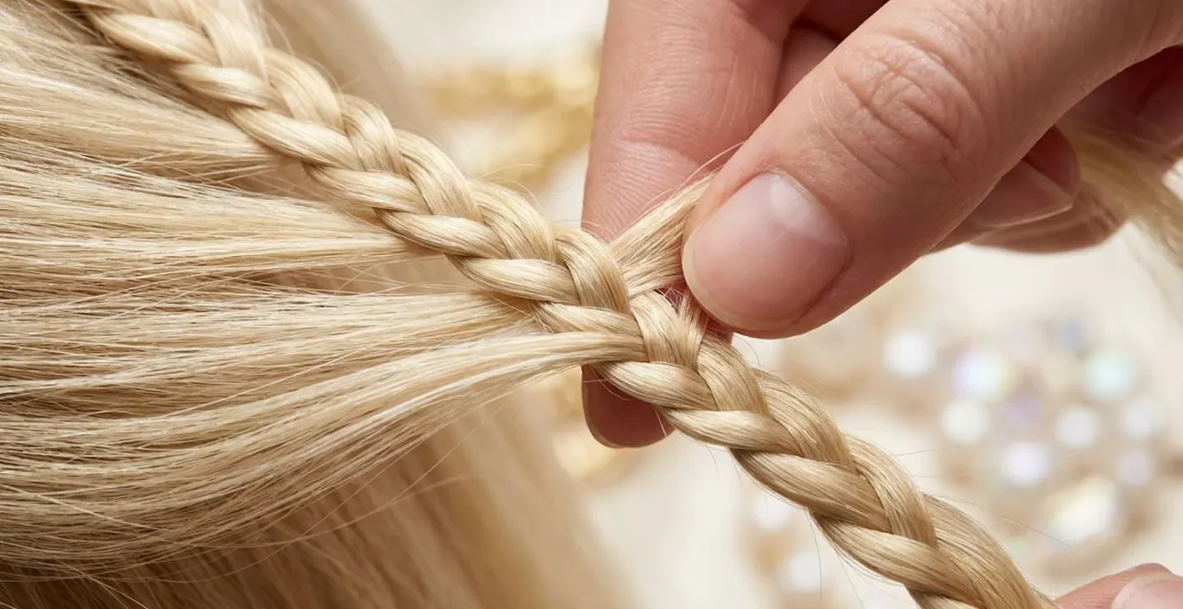 Gros plan sur une main créant une tresse d'ancrage invisible dans des cheveux fins