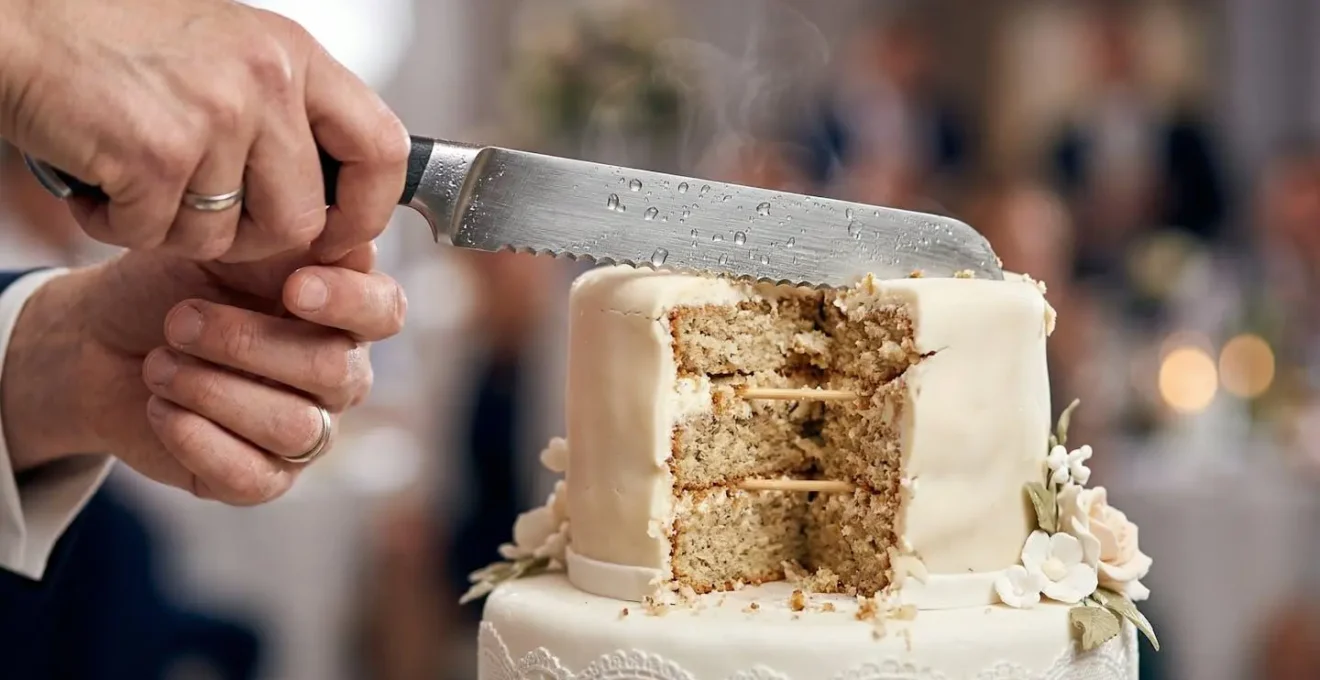 Mains tenant un couteau long trempé dans l'eau chaude près d'un gâteau à étages avec tuteurs visibles